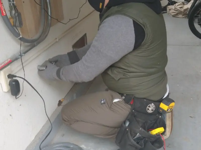 Electrician performing outlet wiring in a Oronoko garage